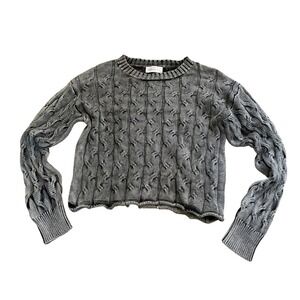 Everlasting Eve Womens Gray Cable Knit Acid‎ Wash Cropped Crewneck Sweater Small